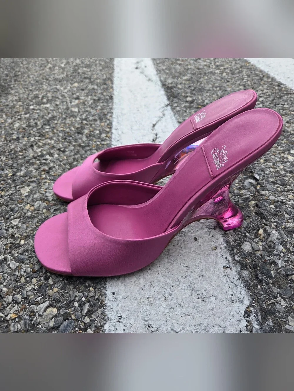 Jeffrey Campbell Mew 2 Pink Satin Open-Toe Mule with Sculpted Heel 10